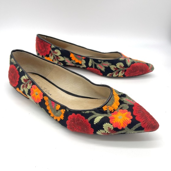 George J. Love Black Floral Embroidered Flats EU 40 Pointed Toe - Picture 4 of 9